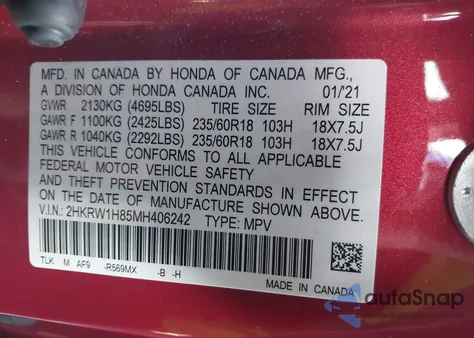 2021 Honda Cr-V 2Wd Ex-L из США, поврежденный, VIN 2HKRW1H85MH406242